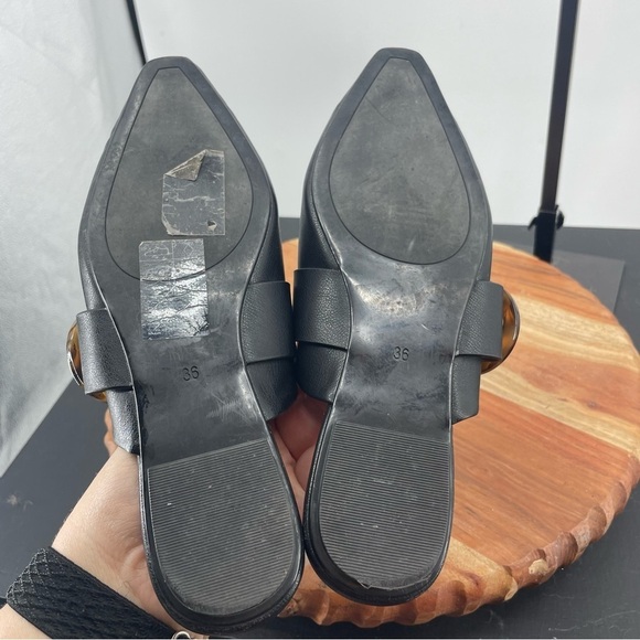 H&M Black Faux Leather Point Toe Open Vamp Tortoise Mules Flats Slides, 36 5-5.5 - Picture 4 of 6